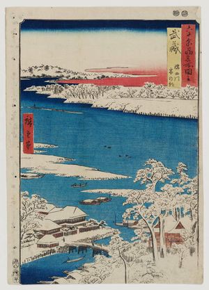 Utagawa Hiroshige: Musashi Province: Sumida River, Snowy Morning (Musashi, Sumidagawa, Yuki no ashita), from the series Famous Places in the Sixty-odd Provinces [of Japan] ([Dai Nihon] Rokujûyoshû meisho zue) - Museum of Fine Arts