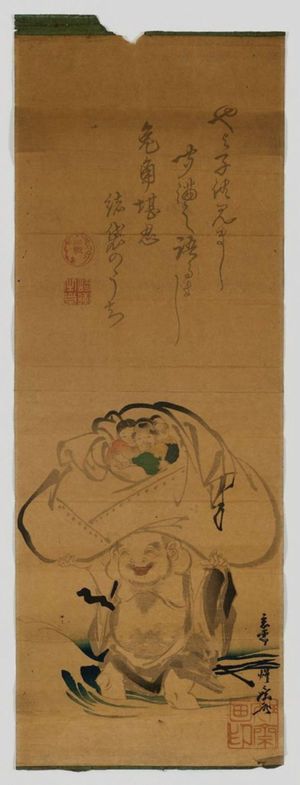 Kawanabe Kyosai: Hotei Carrying Chinese Children across Stream in His Bag - Museum of Fine Arts