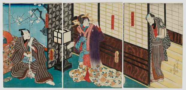 Utagawa Kunisada, 歌川国貞 (Utagawa Kunisada I (Toyokuni III))による浮世絵「Actors as Tanbaya Onizô (R), Umegawa of the Tsuchiya (C), and Kameya (L)」