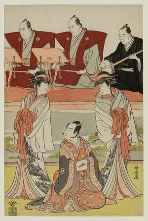 Torii Kiyonaga: Actors Sekawa Kikunojô III as Tora, Sawamura Sôjûrô III as Soga no Jûrô, and Ichikawa Danjûrô V as the Ghost of Seigen; with chanters Tokiwazu Kanedayû and Tokiwazu Okadayû, and accompanist Kishizawa Koshikibu - Museum of Fine Arts