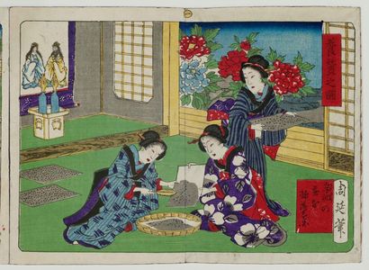 Toyohara Chikanobu: Album of Ten Prints Illustrating Sericulture: Gathering the Eggs of Silkworms - Museum of Fine Arts