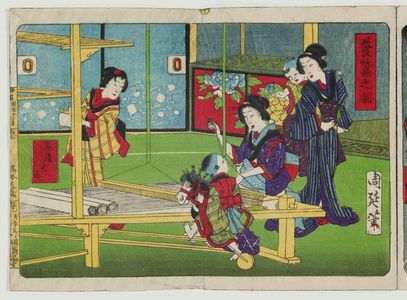 豊原周延: Album of Ten Prints Illustrating Sericulture: Weaving Silk Cloth - ボストン美術館