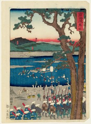 Utagawa Kuniteru: Shimada, from the series Scenes of Famous Places along the Tôkaidô Road (Tôkaidô meisho fûkei), also known as the Processional Tôkaidô (Gyôretsu Tôkaidô), here called Tôkaidô - Museum of Fine Arts