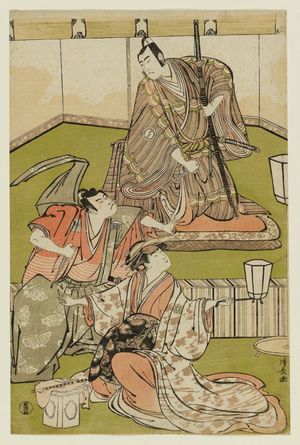 Torii Kiyonaga: Actors Sawamura Sôjûrô III as Kudô Suketsune, Ichikawa Yaozô III as Soga no Gorô, and Mimasu Tokujirô as Ôiso no Tora - Museum of Fine Arts