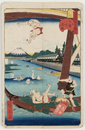 Utagawa Hirokage: No. 19, Mitsumata at the Great Bridge (Ôhashi no Mitsumata), from the series Comical Views of Famous Places in Edo (Edo meisho dôke zukushi) - Museum of Fine Arts