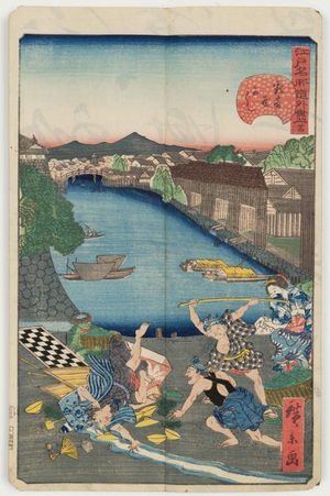 Japanischer Druck "No. 24, Sukiya-gashi Embankment (Sukiya-gashi), from the series Comical Views of Famous Places in Edo (Edo meisho dôke zukushi)" von Utagawa Hirokage, 歌川広景 (Utagawa Hirokage)