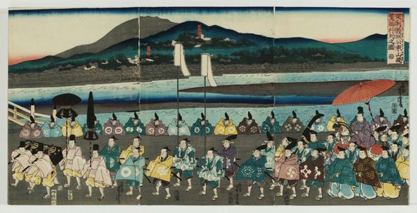 歌川芳虎: The Procession of Lord Ashikaga Yoshimasa on an Excursion to Higashiyama (Ashikaga Yoshimasa kô Higashiyama yûran on-gyôretsu no zu) - ボストン美術館