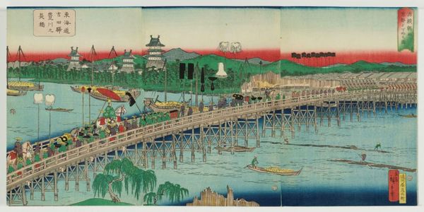 Utagawa Hiroshige II: Lord Minamoto Yoritomo Returns from Kyoto (Minamoto Yoritomo kô Kyôto yori gekô no zu, R); The Long Bridge over the Toykawa River at Yoshida Station on the Tokaido Road (Tôkaidô Yoshida eki Toyokawa no nagahashi, L) - Museum of Fine Arts