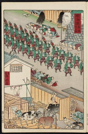 河鍋暁斎: Cattle Sheds at Takanawa (Takanawa ushigoya), from the series Scenes of Famous Places along the Tôkaidô Road (Tôkaidô meisho fûkei), also known as the Processional Tôkaidô (Gyôretsu Tôkaidô), here called Tôkaidô - ボストン美術館