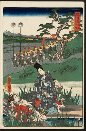 Utagawa Kunisada: Yatsuhashi at Chiryû (Chiryû Yatsuhashi), from the series Scenes of Famous Places along the Tôkaidô Road (Tôkaidô meisho fûkei), also known as the Processional Tôkaidô (Gyôretsu Tôkaidô), here called Tôkaidô meisho no uchi - Museum of Fine Arts