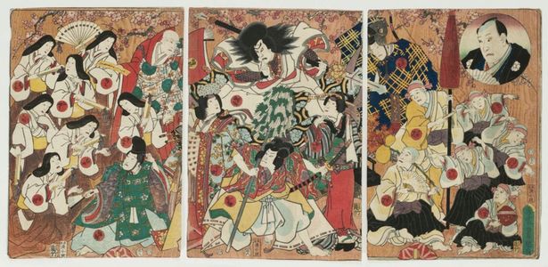 Utagawa Kunisada: Actors Nakamura Tomijûrô II as Okaji, Ichikawa Danjûrô VIII as Kuronushi, Nakamura Fukusuke I as Kujaku, Onoe Baikô IV as Komachi - Museum of Fine Arts