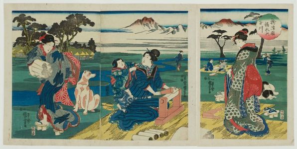 Utagawa Kuniyoshi: The Cloth-fulling Jewel River in Settsu Province (Settsu [no] kuni Tôi no Tamagawa), from an untitled triptych series of Six Jewel Rivers (Mu Tamagawa) - Museum of Fine Arts