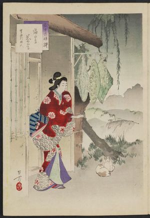 水野年方: Teahouse with Rainhats: Woman of the Kan'ei Era [1624-44] (Amigasa chaya, Kan'ei koro fujin), from the series Thirty-six Elegant Selections (Sanjûroku kasen) - ボストン美術館