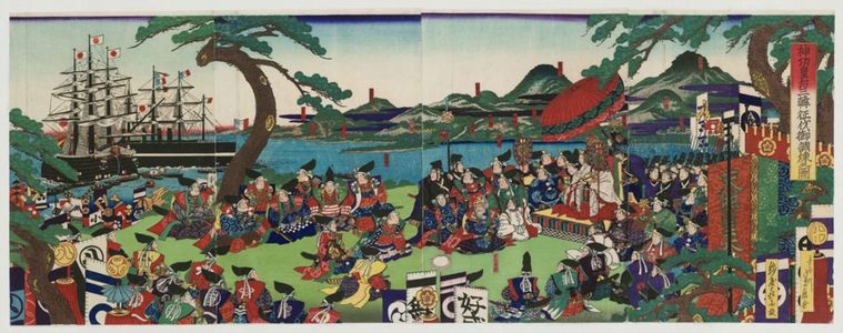 代長谷川貞信: Empress Jingû Prepares Her Troops to Attack the Three Korean Kingdoms (Jingû kôgô Sankan seibatsu gochôren no zu) - ボストン美術館