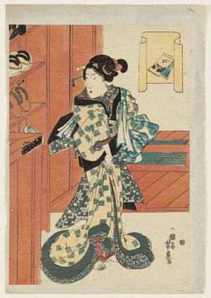 Utagawa Yoshitora: Woman standing by shoe rack - Museum of Fine Arts
