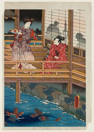 Estampe japonaise "Night Scene on a Balcony Overlooking a Pond with Carp" par Utagawa Kunisada, 歌川国貞 (Utagawa Kunisada I (Toyokuni III))