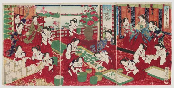 歌川国明: Raising Silk Worms for a Thousand Ages of Prosperity (Chiyo no sakae kaiko no yashinai) - ボストン美術館