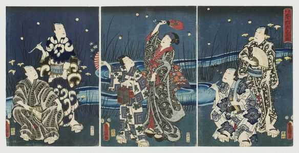 Utagawa Kunisada: Imaginary Scene of Actors Catching Fireflies: Jewels Shining in the Dark (Mitate hotarugari yakô no tamazoroi): Kataoka Gadô II, Ichikawa Kodanji IV (R); Iwai Kumesaburô III, Ichimura Uzaemon XIII (C); Nakamura Fukusuke I, Bandô Takesaburô I (L) - Museum of Fine Arts
