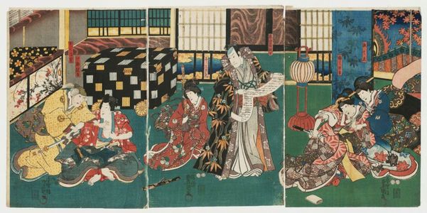 Utagawa Kunisada: Actors Azuma Ichinojô I as Sugibae, Onoe Kikujirô II as Fuji no Kata (R); Bandô Hikosaburô IV as Higashiyama Yoshimasa kô, Bandô Tamasaburô II(?) as Koshimoto Tamanae (C); Iwai Kumesaburô III as Jirô Kanja, Morita Kanya XI as Saga no Kôshitsu (L) - Museum of Fine Arts