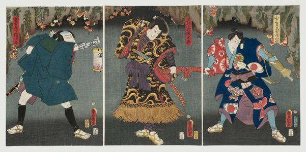 Utagawa Kunisada, 歌川国貞 (Utagawa Kunisada I (Toyokuni III))による浮世絵「Actors Kawarazaki Gonjûrô I as Sanza's brother Nagoya Sanpei (R), Bandô Kamezô I as the Thief (Tôzoku) Kojigokutarô (C), and Nakamura Shikan IV as Nagoya shita Sarujirô (L)」