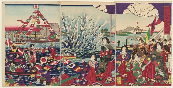 豊原周延: Illustration of an Explosion from a Torpedo in the Sumida River During a Festival with Boat Races (Sumida kawabata ni oite ... suiraika haretsu no zu) - ボストン美術館