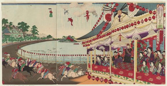 Toyohara Chikanobu: Illustration of the Opening Ceremony of the Union Horse Racing Club's Racetrack around Shinobazu Pond in Ueno Park (Ueno Shinobazu kyôdô keiba kaisha kaigyôshiki no zu) - Museum of Fine Arts