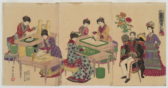 Hasegawa Chikuyo创作的日本版画《Illustration of Sericulture at the Imperial Court (Kyûchû yôsan no zu)》