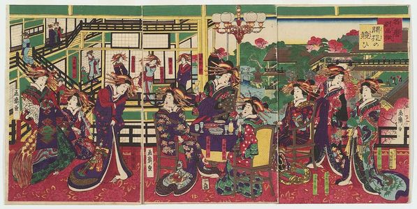 Utagawa Yoshitora: Assortment of Celebrated Beauties: A Contest of Flowers in Full Bloom (Meiyo beppin-zoroi, kaika no kisoi) - Museum of Fine Arts