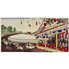 Toyohara Chikanobu: Illustration of the Opening Ceremony of the Union Horse Racing Club's Racetrack around Shinobazu Pond in Ueno Park (Ueno Shinobazu kyôdô keiba kaisha kaigyôshiki no zu) - Museum of Fine Arts