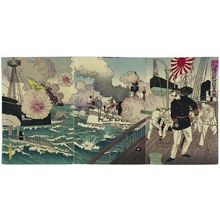 Toyohara Chikanobu: Admiral Kabayama Fights Furiously in the Great Sino-Japanese Naval Battle off Takushan in China (Shinkoku Daikôsan oki Nisshin daikaisen Kabayama shôgun funsen no zu) - Museum of Fine Arts