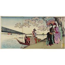 Toyohara Chikanobu: Excursion to View Cherry Blossoms by the Sumida River (Sumidagawa hana no yûran) - Museum of Fine Arts