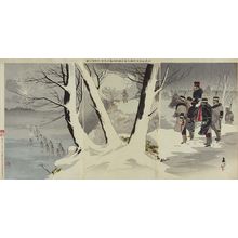 Taguchi Beisaku: Illustration of the Invasion of China During Which Our Troops Fought Fiercely in Ice and Snow at Haicheng and Major-General Ôshima Bravely Faced the Enemy (Sei Shin gigun Kaijô seppyôchû no gekisen Ôshima shôshô yûsô taiteki no zu) - ボストン美術館
