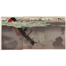 Kobayashi Kiyochika: Our Naval Forces in the Yellow Sea Firing at and Sinking Chinese Warships (Waga kantai Kôkai ni oite Shinkan gekichin no zu) - Museum of Fine Arts