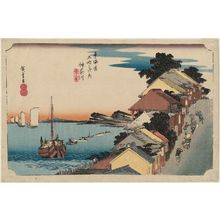 Utagawa Hiroshige: Kanagawa: View of the Embankment (Kanagawa, dai no kei), second version, from the series Fifty-three Stations of the Tôkaidô Road (Tôkaidô gojûsan tsugi no uchi), also known as the First Tôkaidô or Great Tôkaidô - Museum of Fine Arts