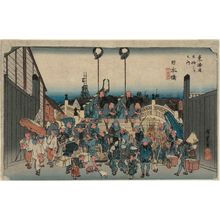 Utagawa Hiroshige: Nihonbashi: Daimyô Procession Setting Out (Nihonbashi, gyôretsu furidashi), from the series Fifty-three Stations of the Tôkaidô Road (Tôkaidô gojûsan tsugi no uchi), also known as the First Tôkaidô or Great Tôkaidô - Museum of Fine Arts