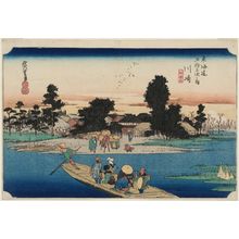 Utagawa Hiroshige: Kawasaki: The Rokugô Ferry (Kawasaki, Rokugô watashibune), second version, from the series Fifty-three Stations of the Tôkaidô Road (Tôkaidô gojûsan tsugi no uchi), also known as the First Tôkaidô or Great Tôkaidô - Museum of Fine Arts