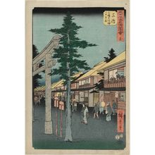 Utagawa Hiroshige: No. 12, Mishima: First Gate of the Shrine of Mishima Daimyôjin (Mishima, Mishima Daimyôjin Ichi no torii), from the series Famous Sights of the Fifty-three Stations (Gojûsan tsugi meisho zue), also known as the Vertical Tôkaidô - Museum of Fine Arts