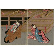 Japanese Print "Actors in Chûkô Koshigoejô, from right: Nakamura Utaemon IV as Gotobei, Nakamura Tamashichi I as the Maiden (Musume) Tokujo, Nakamura Karoku I as the Wife (Nyôbô) Sekinoto, and Mimasu Daigorô IV as Izumi no Saburô" by Utagawa Hirosada, 歌川広貞 (Gosôtei Hirosada)