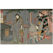 Utagawa Hirosada: Actors Nakamura Nanshi II as the daughter Kaide and Nakamura Sagisuke I as the servant Nosuke (R), and Jitsukawa Enzaburô I as Nagoya Sanza (L), in Act 5 of Inazuma Sôshi - Museum of Fine Arts