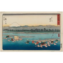 Utagawa Hiroshige: No. 24 - Shimada: The Ôi River (Shimada, Ôigawa), from the series The Tôkaidô Road - The Fifty-three Stations (Tôkaidô - Gojûsan tsugi), also known as the Reisho Tôkaidô - Museum of Fine Arts