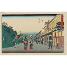 Utagawa Hiroshige: No. 41 - Narumi: Shops Selling the Famous Tie-dyed Fabric (Narumi, meisan shibori mise), from the series The Tôkaidô Road - The Fifty-three Stations (Tôkaidô - Gojûsan tsugi), also known as the Reisho Tôkaidô - Museum of Fine Arts