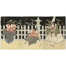 Ukiyo Shigekatsu: Actors Nakamura Shikan II as Matsuômaru (R), Arashi Raishi II as Umeômaru (C), and Onoe Kikugorô III as Sakuramaru (L) - Museum of Fine Arts