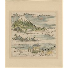 Tsukioka Settei: Mt. Fuji above temple buildings and bridge in clouds - Museum of Fine Arts