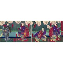 Estampe japonaise "Actors, from right: Ichikawa Udanji I as the Ghost of Hôkaibô, Kataoka Gadô III as Tonoinosuke, Onoe Taganojô II as Okumi, and Ichikawa Yaozô as Okan, in Memories of the Sumida River (Sumidagawa no Omokage)" par Utagawa Yoshitaki, 歌川芳滝 (Ichiyôsai Yoshitaki)