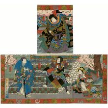 Utagawa Yoshitaki: Actors in imaginary roles: Onoe Tamizô II as Mino Shôkurô (T), Fujikawa Tomokichi III as the courtesan Naniwazu (BR), Arashi Kichisaburô III as Akujirô Yoshizumi (BC), and Jitsukawa Enzaburô I as Ise Shinkurô Nagauji (BL) - Museum of Fine Arts