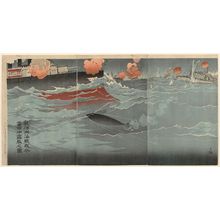 Kobayashi Kiyochika: Our Torpedo Hitting a Russian Warship at the Great Naval Battle of Port Arthur (Ryojun no daikaisen ni Rokan ni waga suirai meichû suru no zu) - Museum of Fine Arts