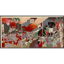 Japanese Print "The Courage and Might of Our Army Overwhelm the Fortress of Pyongyang (Wagagun no yûi Heijô no rui o ubau)" by Tsuneshige