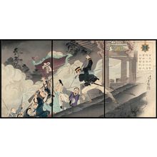 Mizuno Toshikata: The Most Illustrious Soldier in the Battle of the Hyonmu Gate [at Pingyang], Harada Jûkichi, Climbs Up Ahead and Fights Bravely (Genbumon kôgeki zuiichi gunkôsha Harada Jûkichi shi sento funsen zu) - Museum of Fine Arts