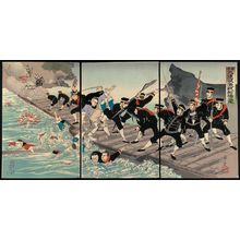 Kobayashi Toshimitsu: Sino-Japanese War: The Fierce Battle on the Pontoon Bridge at Jiuliancheng (Nisshin: Kyûrenjô funabashi gekisen no zu) - ボストン美術館