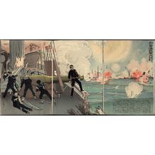 Kobayashi Kiyochika: Great Victory of Our Forces at the Battle of the Yellow Sea--Third Illustration (Kôkai ni okeru wagagun no daishô, dai san zu) - Museum of Fine Arts